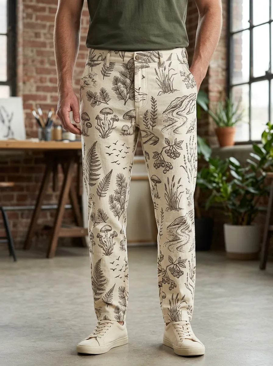 Men's Nature Lover Mushroom Fern Botanical Printed Pants
