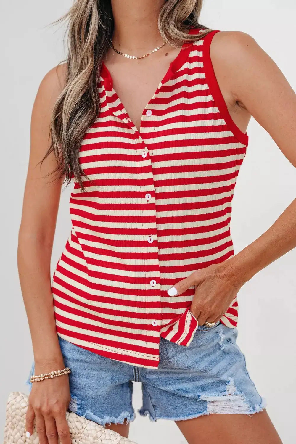 Buttoned Ribbed-Knit Striped Tank Top