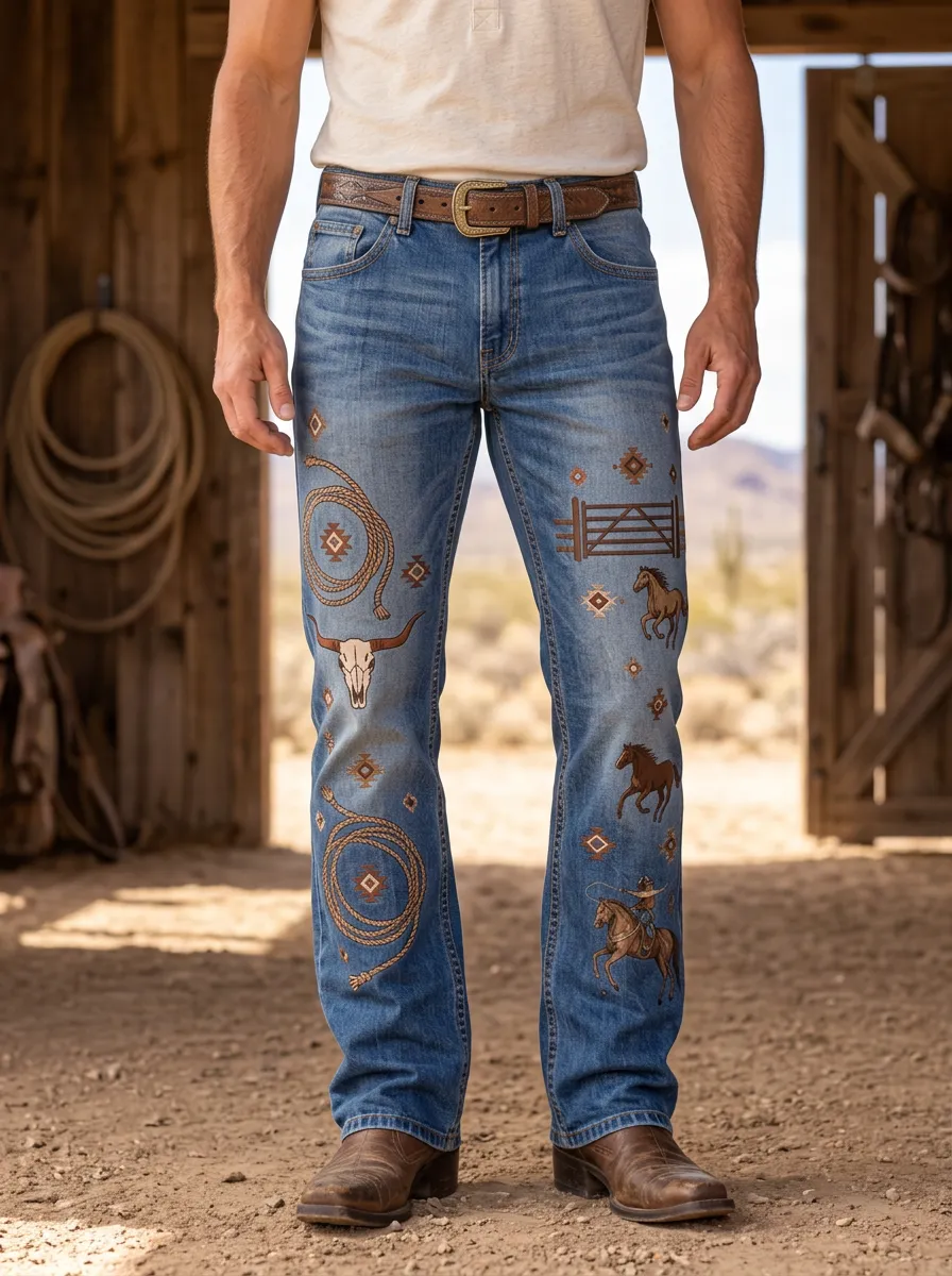 Men's Heritage Inspired Western Cowboy Horse Lasso Skull Jeans