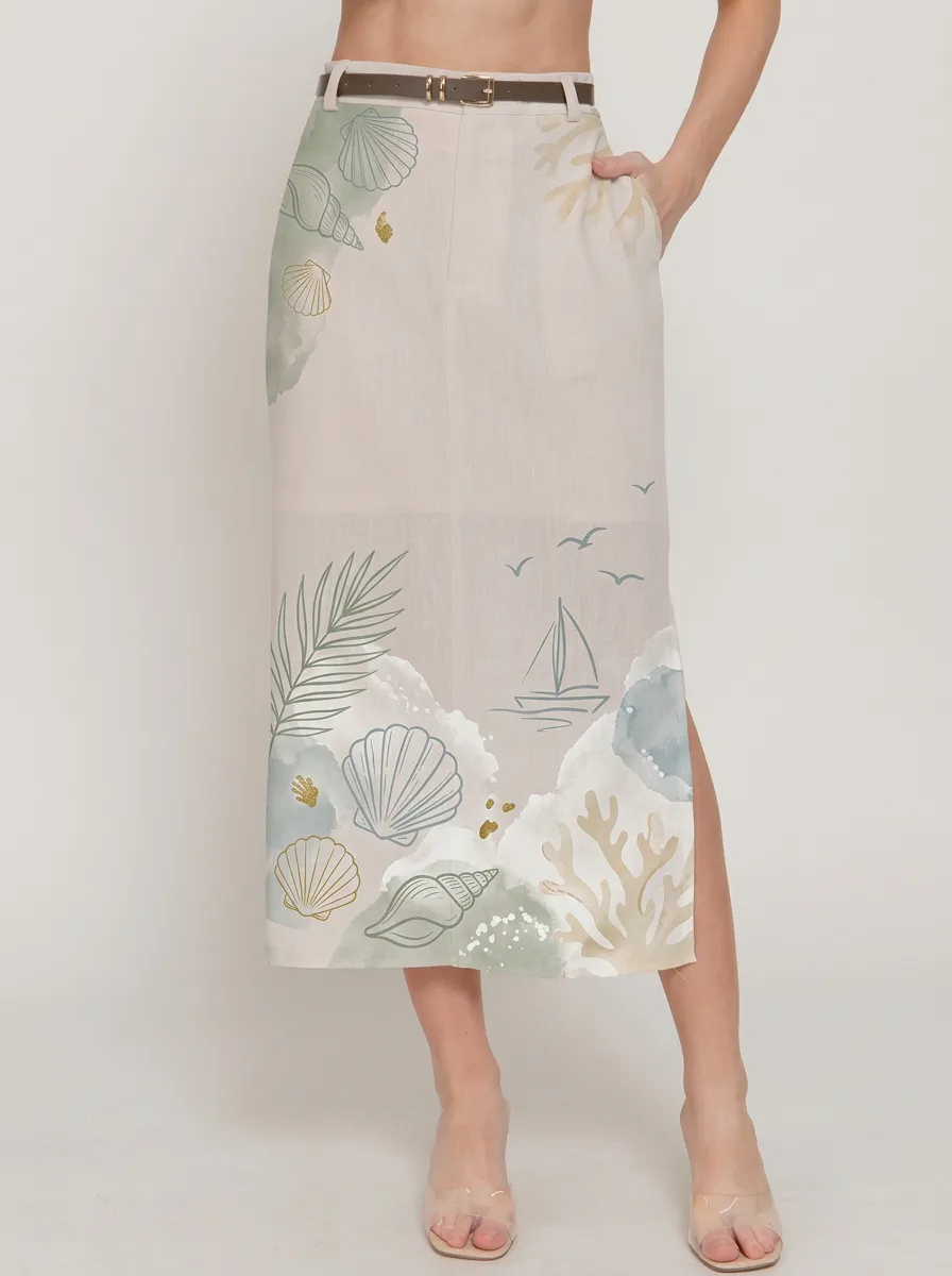 Women's Coastal Seashell Sailboat Printed Midi Skirt