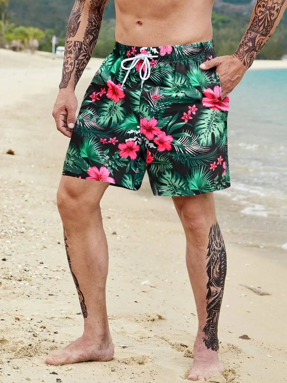 Men's Coastal Tropical Allover Print Drawstring Pocket Beach Shorts