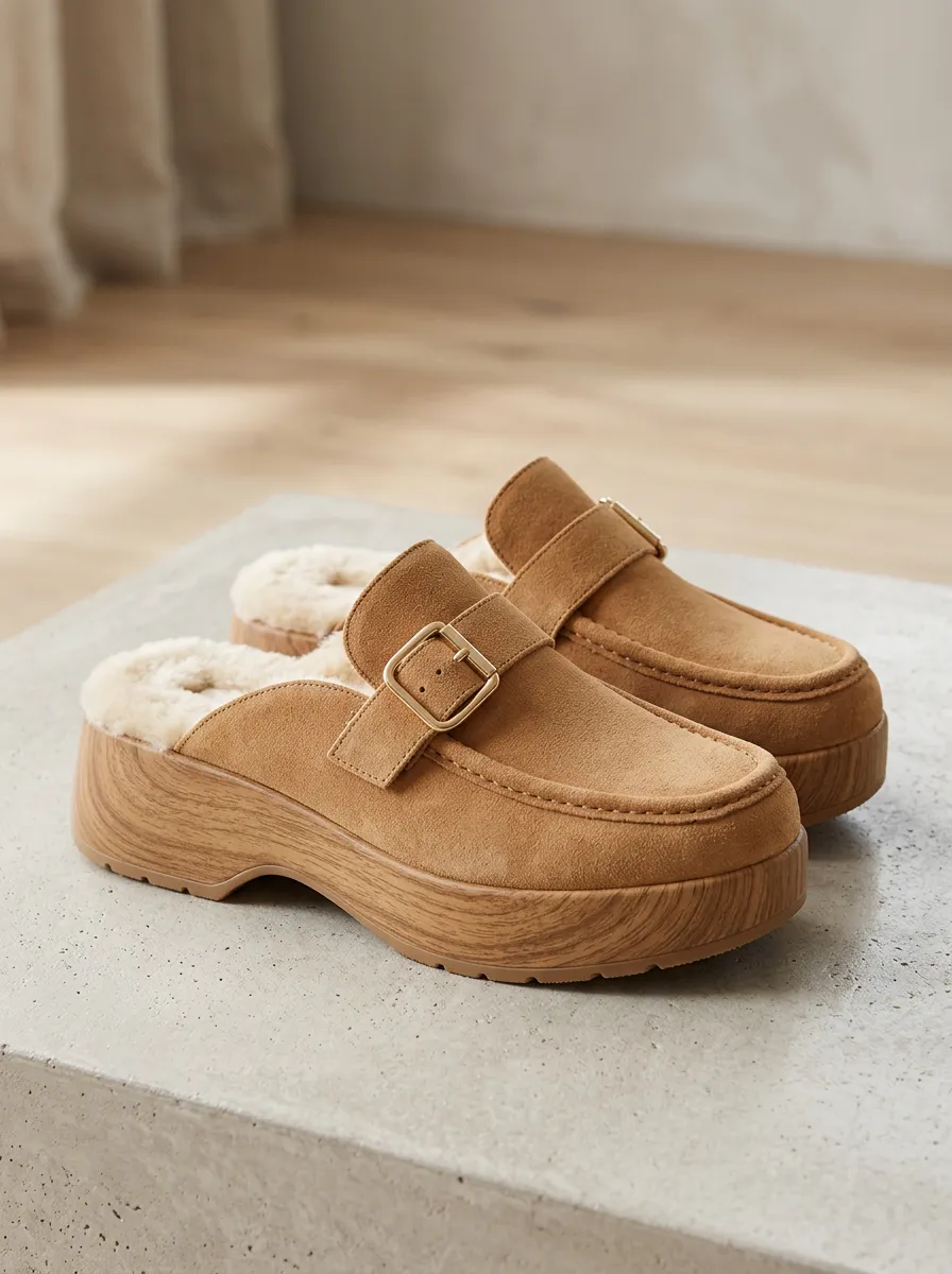 Women's Faux Fur Lined Buckle Detail Platform Suede Wood Sole Loafers