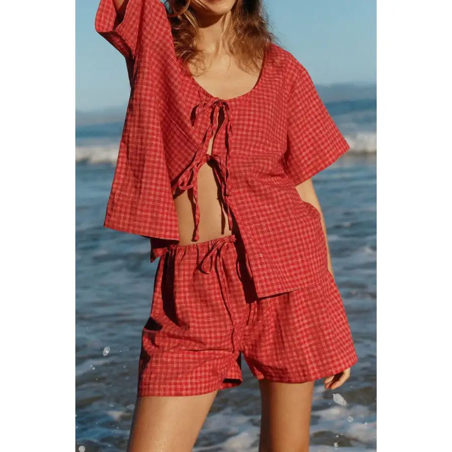 Plaid Tied Scoop Neck Short Sleeve Top and Drawstring Shorts Set