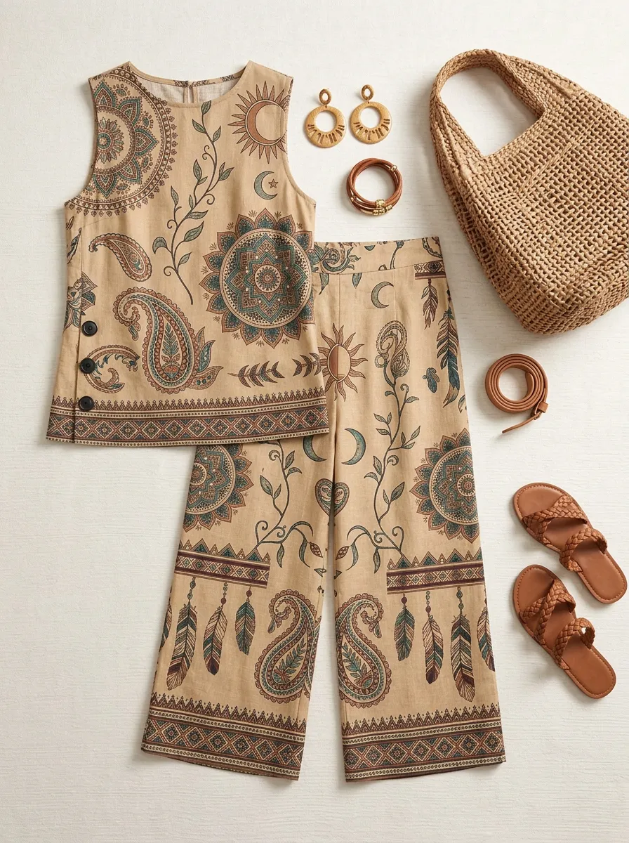 Women's Boho Paisley Sun Moon Printed Sleeveless Set
