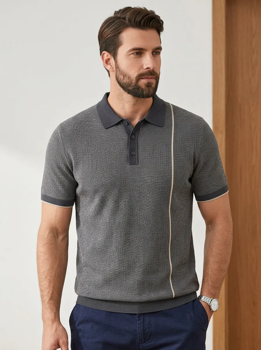 Men's Casual Business Vertical Stripe Contrast Trim Polo Shirt