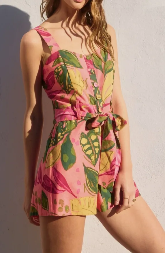 Pink Tropical Print Button Down Romper