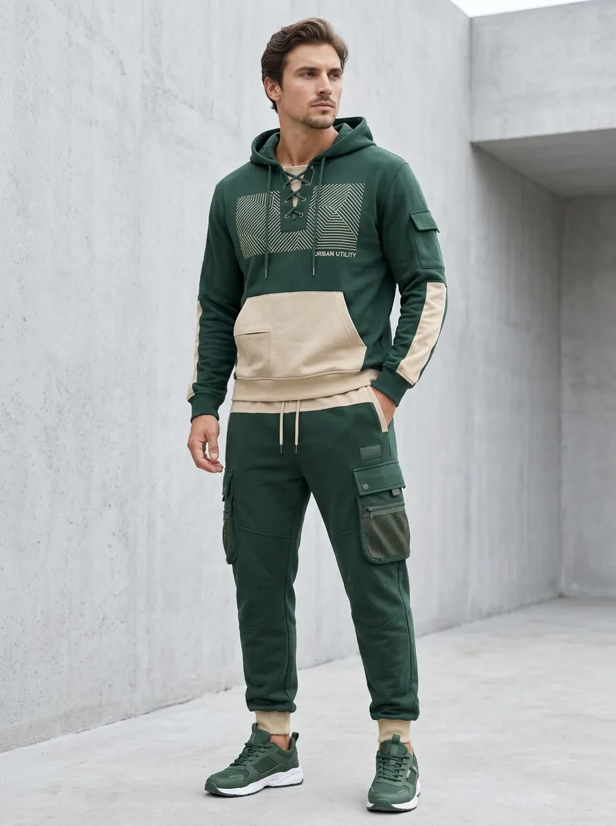 Daily Lace-Up Geometric Modern Look Men's Lace Up Hoodie And Cargo Jogger Set