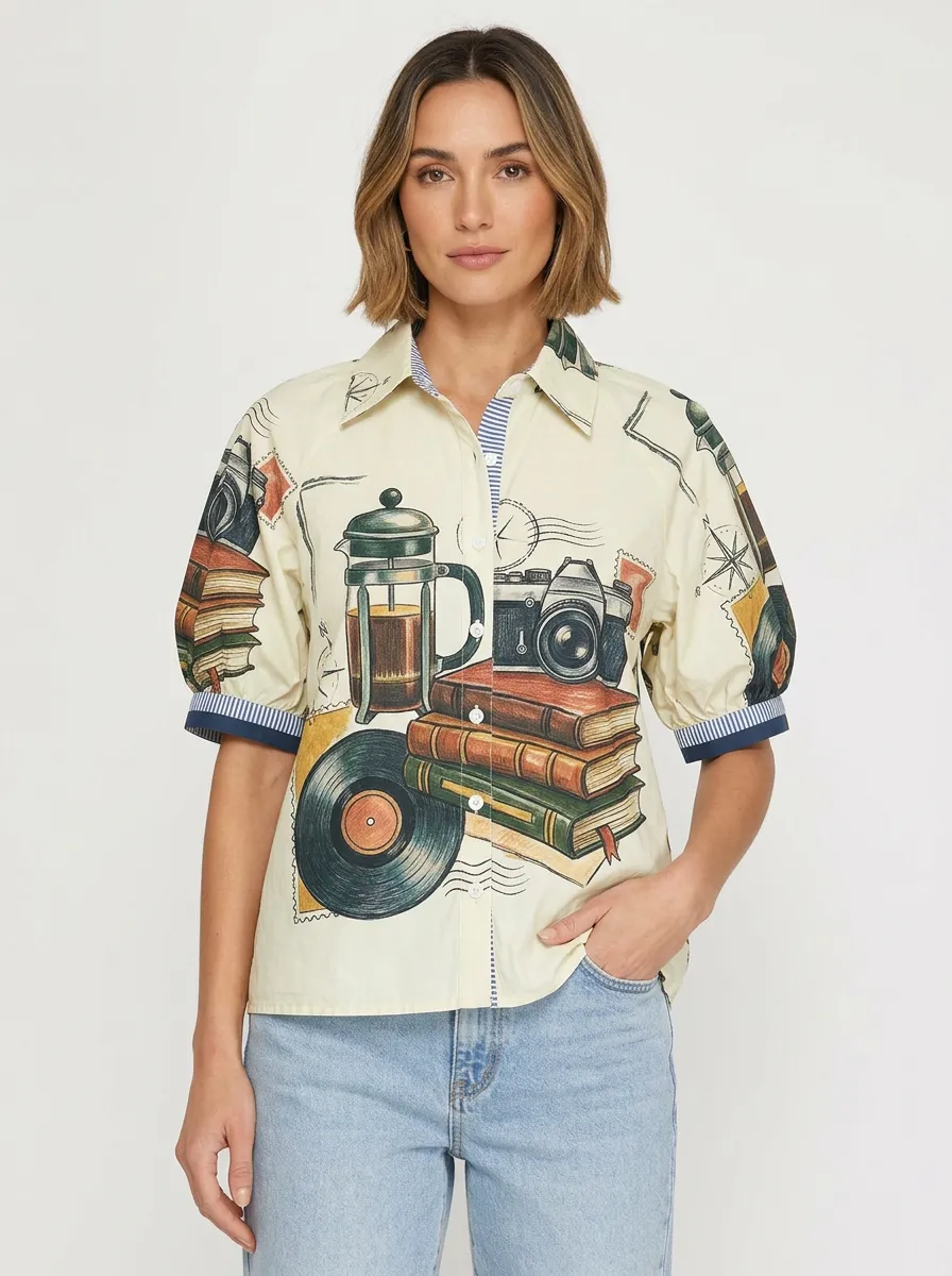 Women's Vintage Hobby Lover Camera Books Vinyl Printed Shirt
