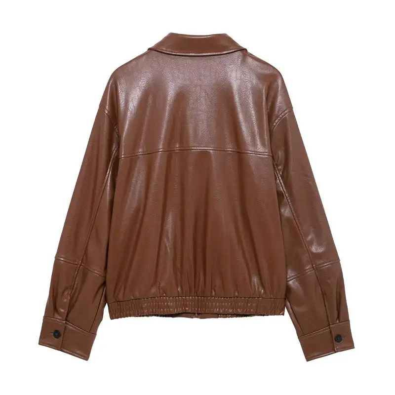 Cropped Faux Leather Shirt Collar Zip Front Bomber Jacket