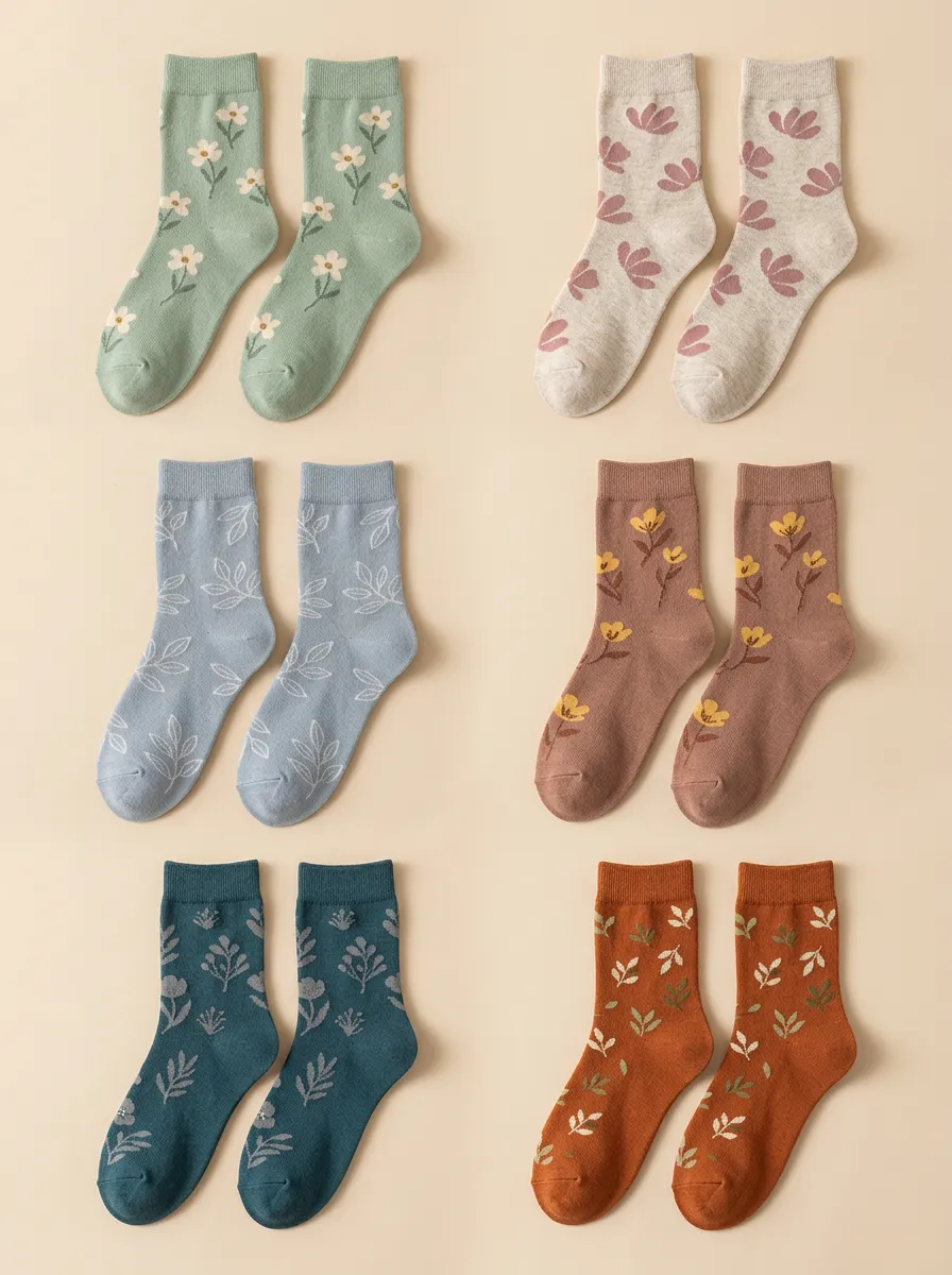 Women's Leaf Mid-Calf Crew Socks Six Pair Set