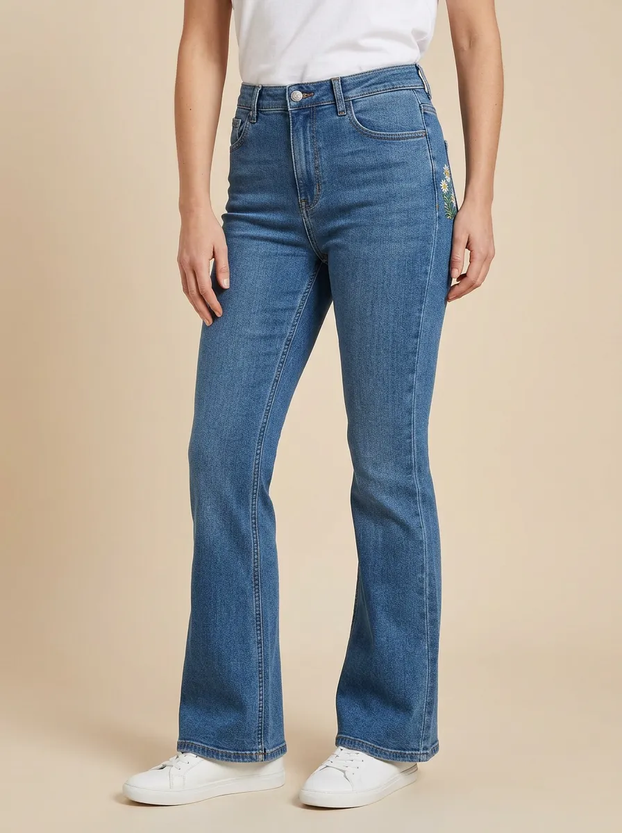 Women's Floral Side-Hip Embroidered Faded High-Rise Flare Jeans