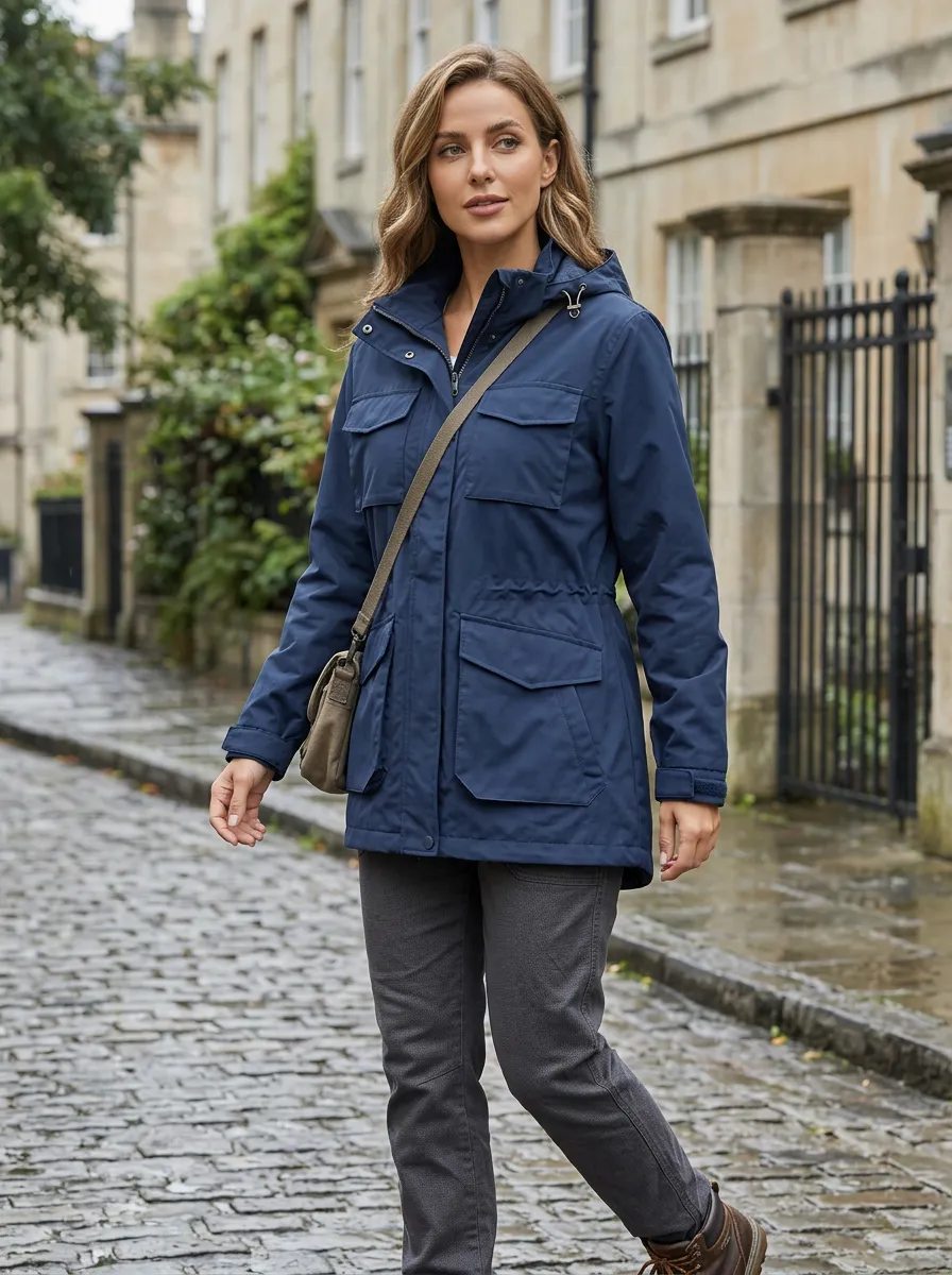 Women's Navy Blue Hooded Waterproof Utility Jacket with Flap Pockets