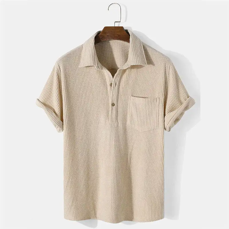 Waffle Texture Button Placket Chest Pocket Fine Knit Polo Shirt