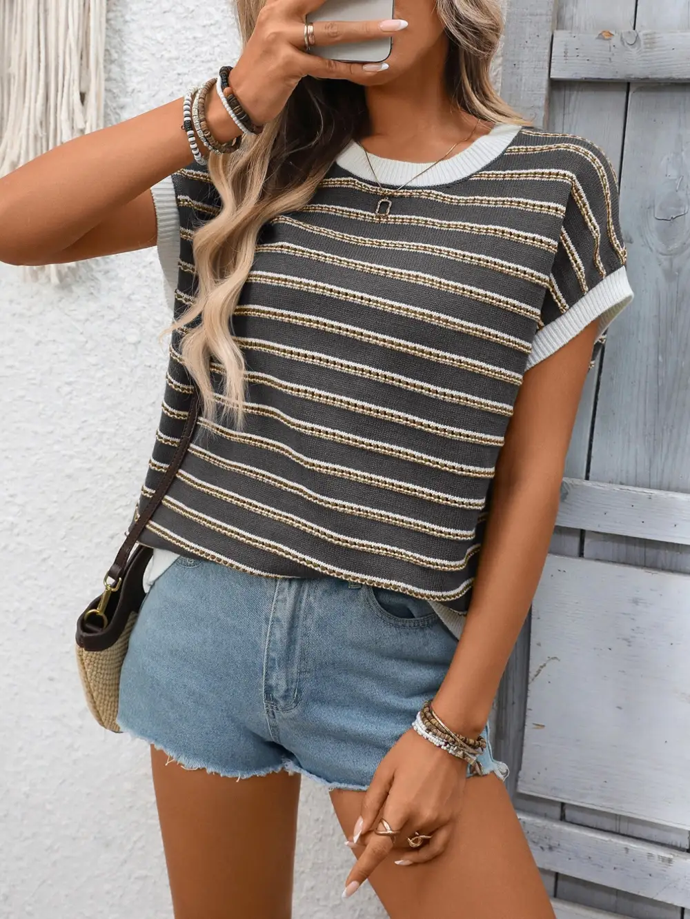 Short Sleeve Round Neck Ribbed Sweater