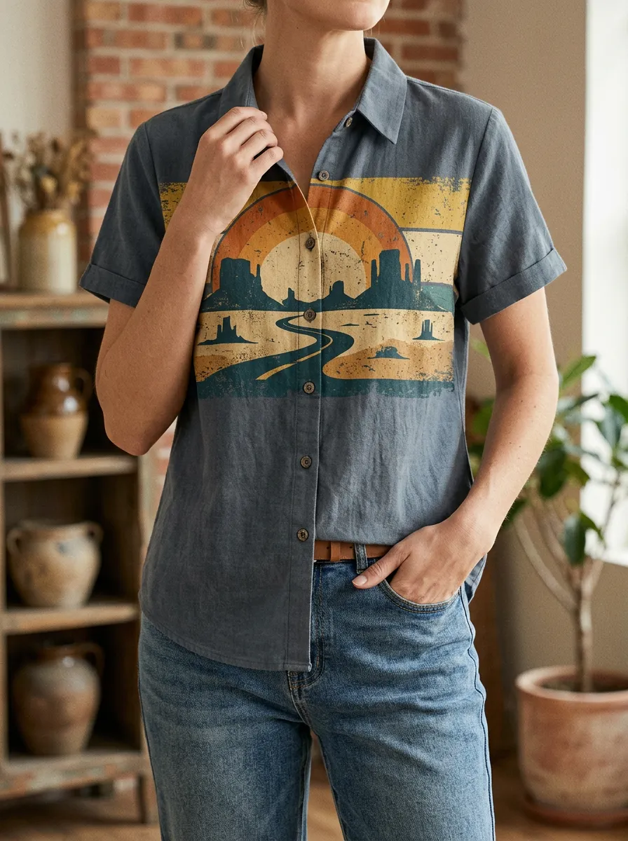 Women's Retro Desert Sunset Road Printed Shirt