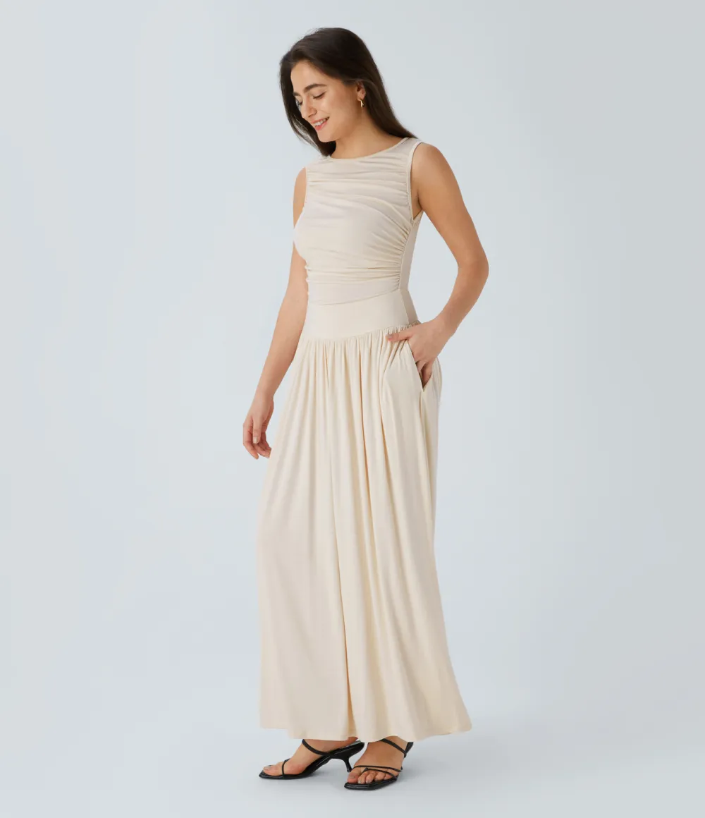 Ribbed Boat Neck Ruched Side Pocket Flowy Maxi Casual Dress