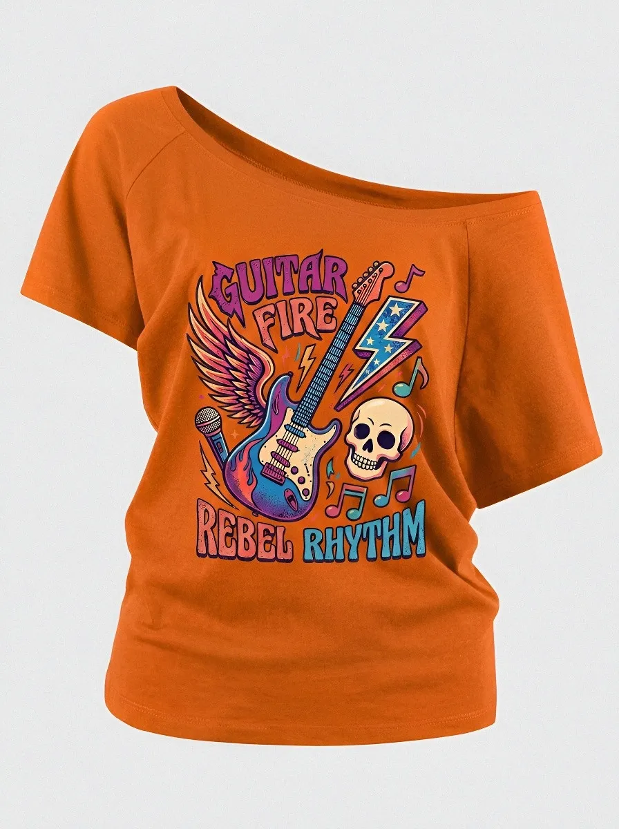 Women's Rock Music Lover Guitar Skull Wings Printed Off-Shoulder Top