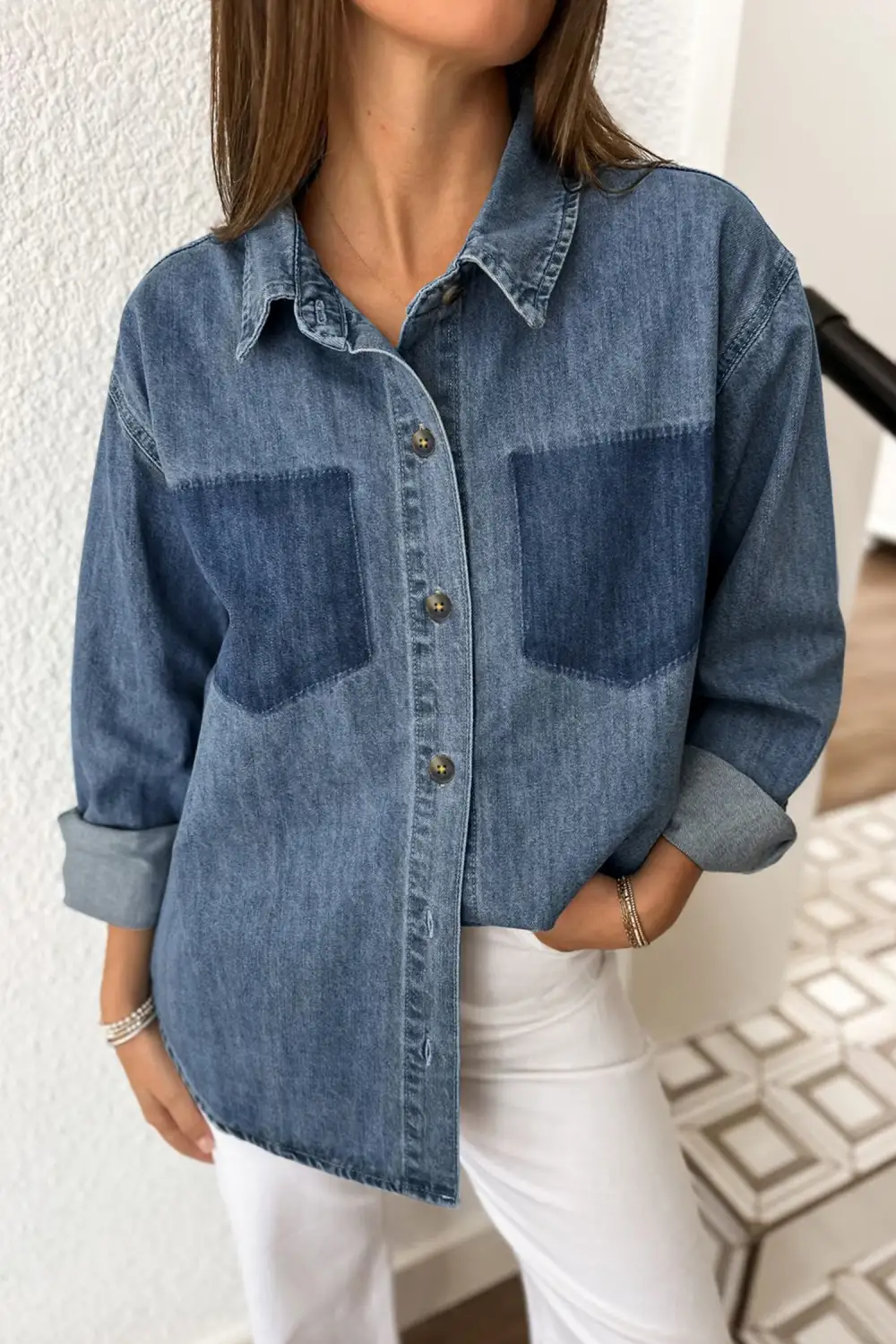 Women's Colorblock Denim Button Front Blouse