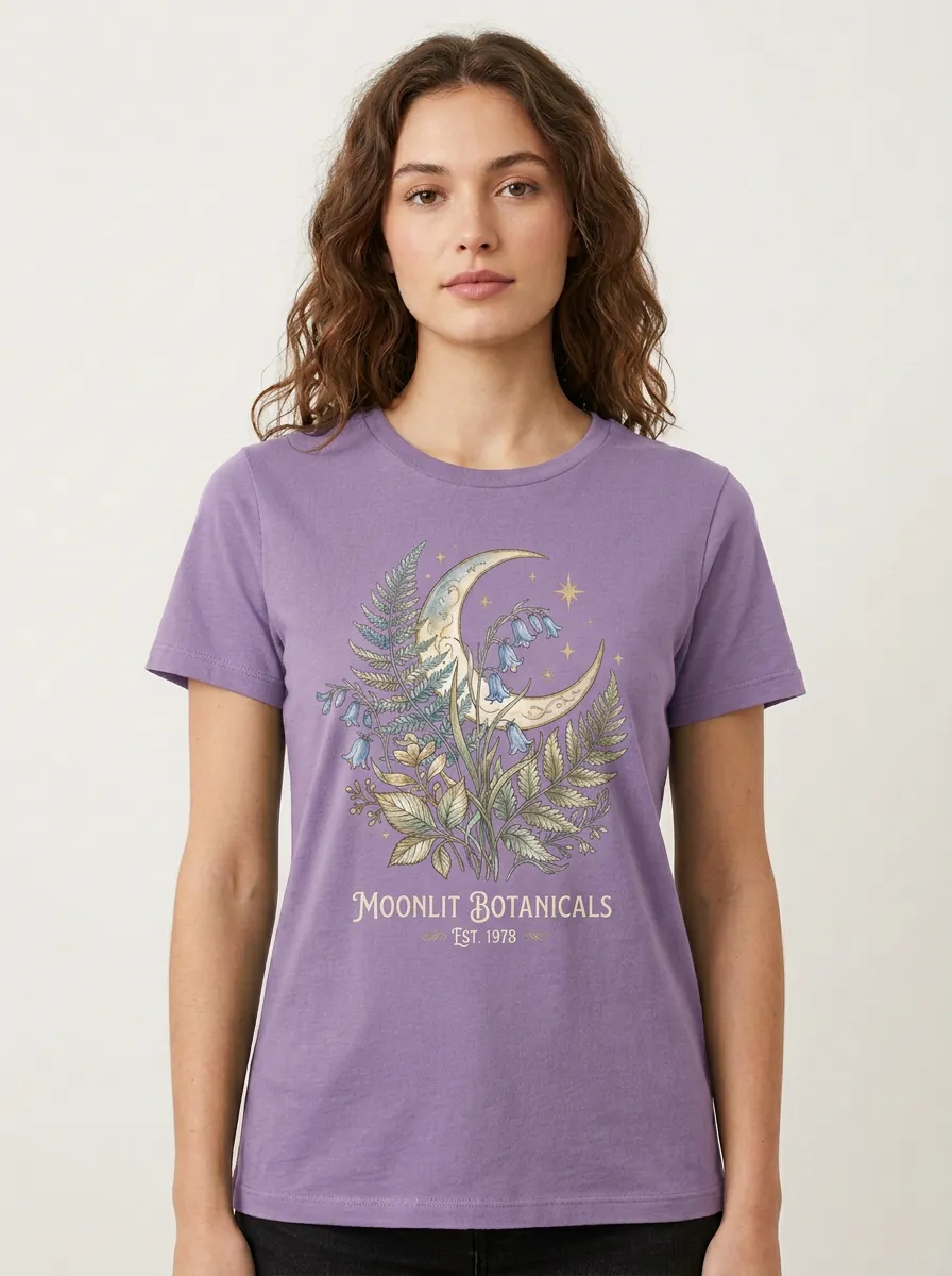 Women's Nature Lover Moonlit Botanicals Fern Flower Printed T-shirt
