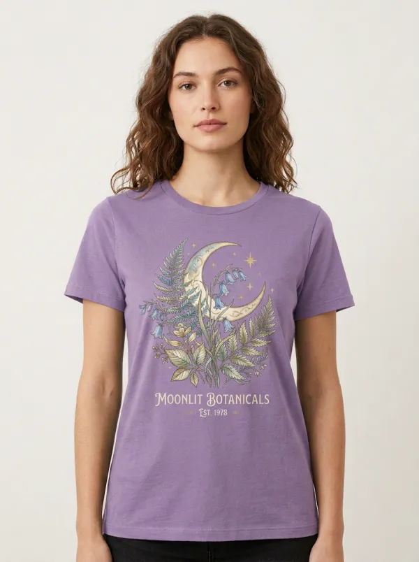 Women's Nature Lover Moonlit Botanicals Fern Flower Printed T-shirt