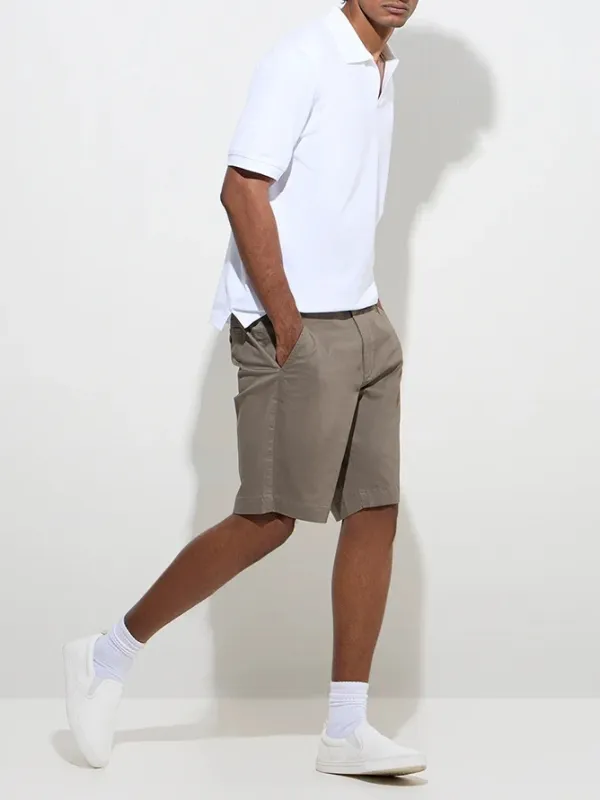 Taupe Loose Mid-Waist Cotton-Blend Shorts