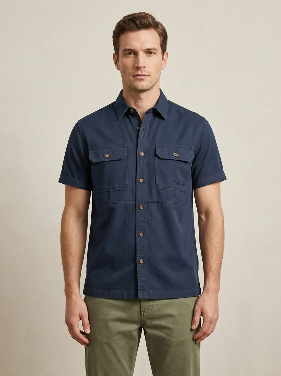 Men's Casual Breathable Navy Blue Double Pocket Button-Down Shirt