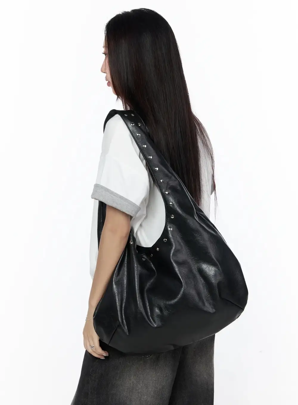 Studded Faux Leather Hobo Bag