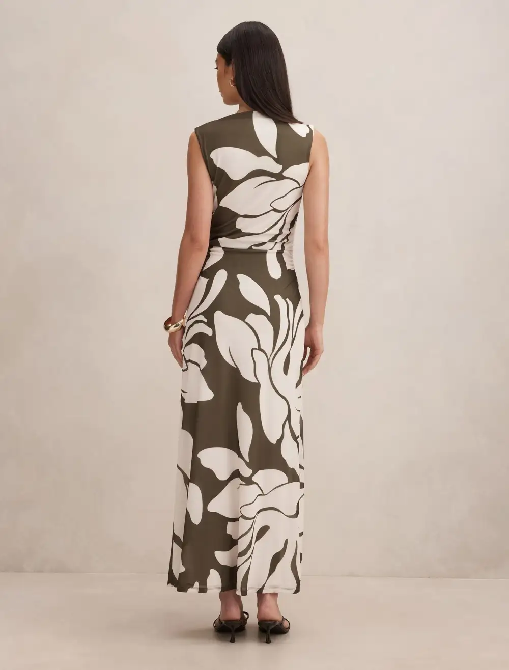 Olive White Floral Print Sleeveless Mesh Midi Dress