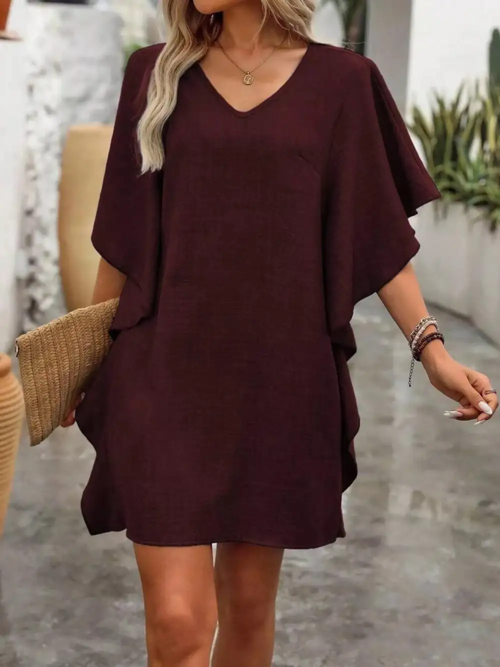Ruffled Flutter Sleeve V-Neck Mini Dress