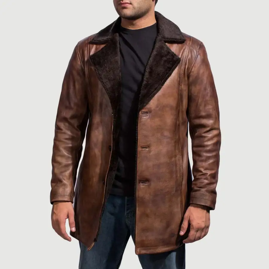 Men's Leather Fur Trim Distressed Coat