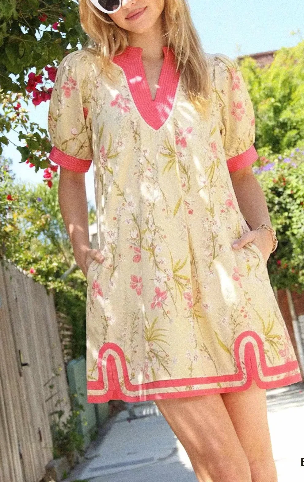 Floral Print V-Neck Puff Sleeve Pocketed Dress