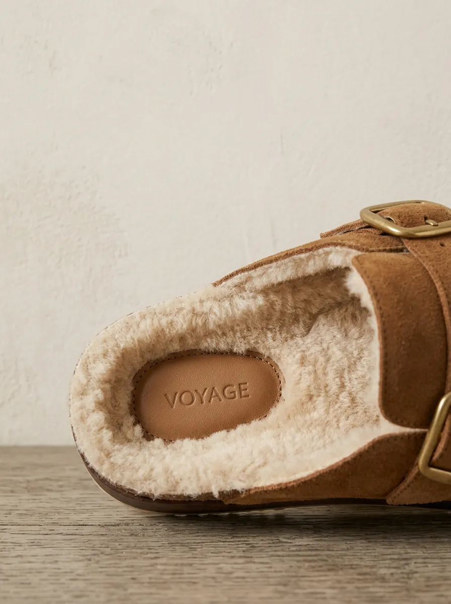 Women's Rugged Faux Fur Lined Buckle Detail Casual Suede Wood Sole Loafers
