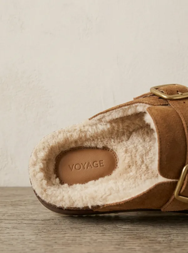 Women's Rugged Faux Fur Lined Buckle Detail Casual Suede Wood Sole Loafers