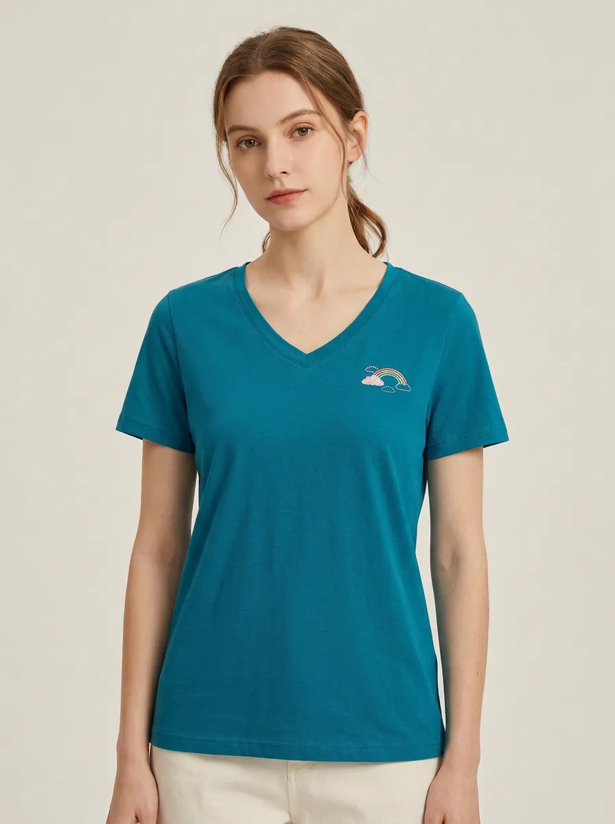 Women's Rainbow & Cloud Embroidered V-Neck T-Shirt