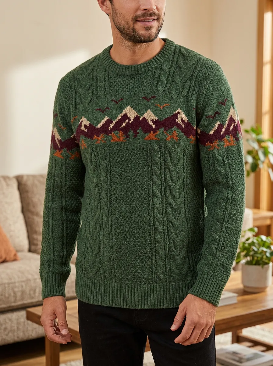 Men's Mountain Landscape Cable Knit Sweater
