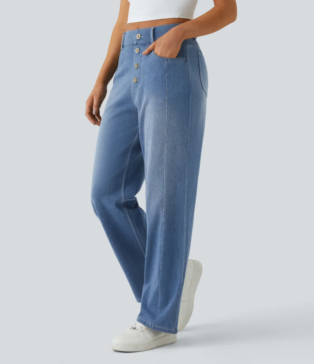 Magic High Waisted Decorative Button Multiple Pockets Straight Leg Stretchy Knit Casual Boyfriend Jeans