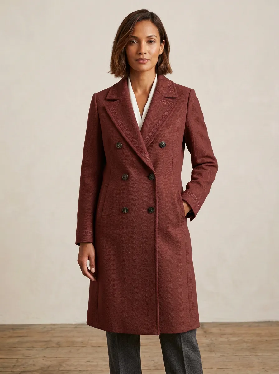 Women's Camel Herringbone Double-Breasted Wool Blend Coat