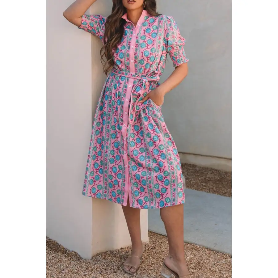 Shirred Sleeve Buttoned Front Midi Dress with Sash