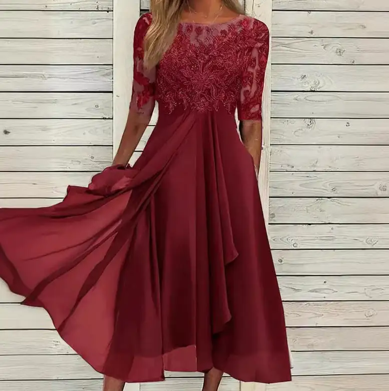 Women's A-Line Three-Quarter-Sleeve Lace Floral Midi Dress