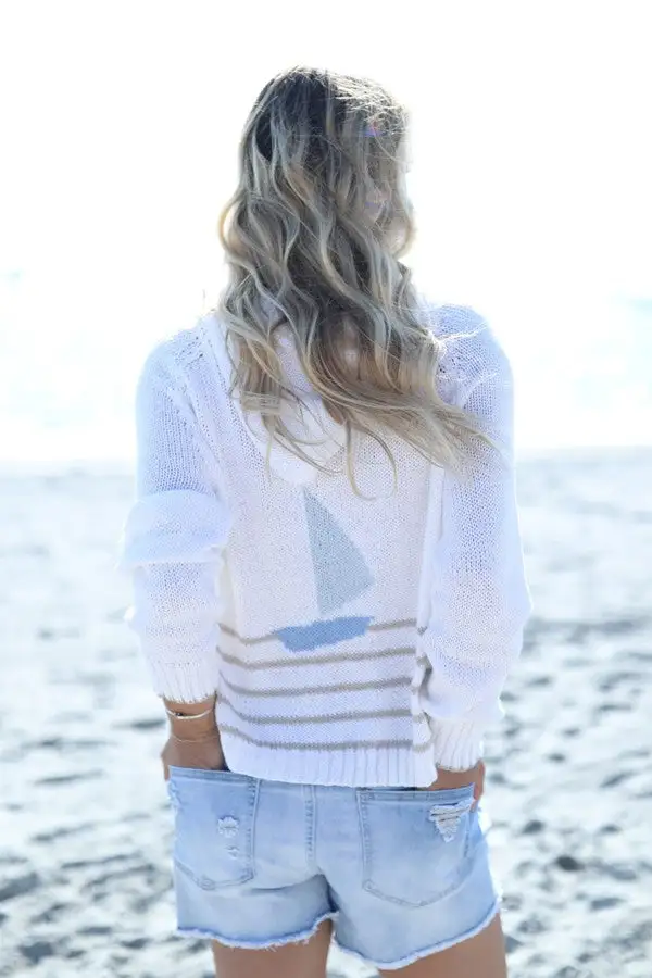 White Striped Zip-Up Hoodie Sweater