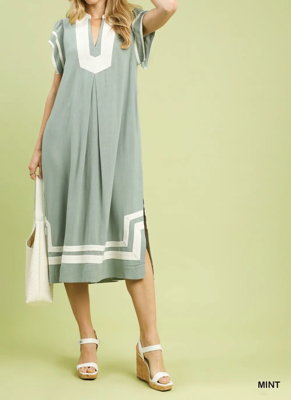 Linen Cotton Contrast Neckline Midi Dress