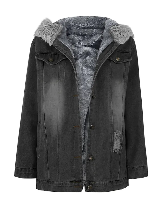Women's Denim Jacket Hoodie Jacket Daily Fall Winter Regular Coat Loose Fit Streetwear Jacket Long Sleeve Pocket Black Blue Grey