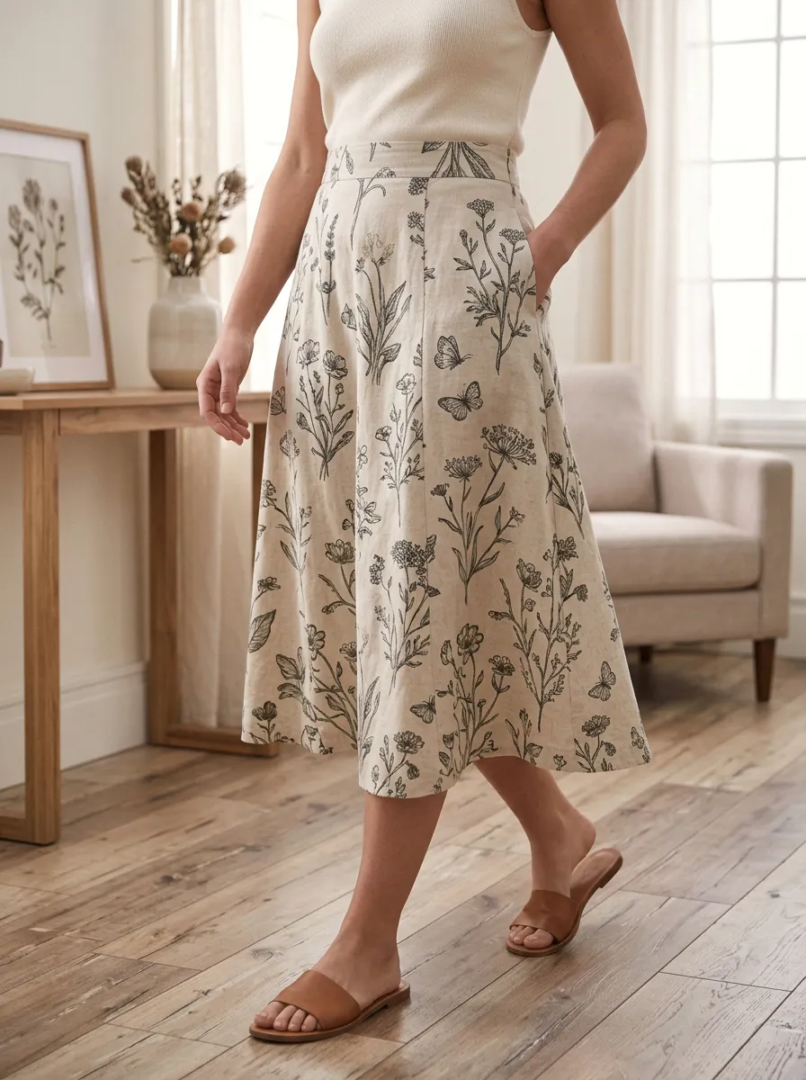 Women's Botanical Butterfly Floral Printed A-line Midi Skirt