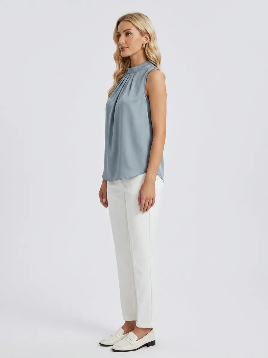 Mock Neck Pleated Sleeveless Satin Blouse