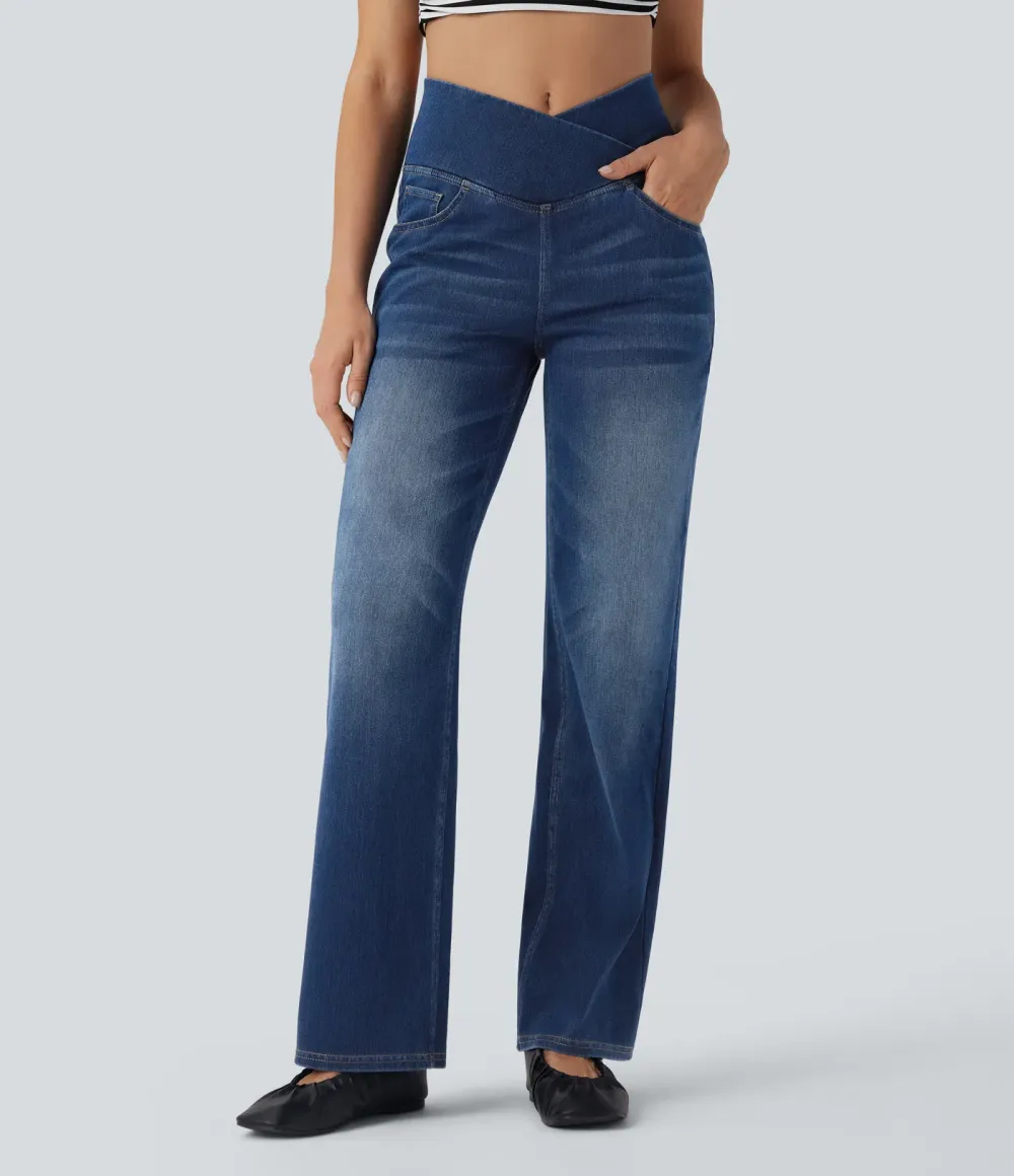 High-waisted, relaxed, crossover straight-leg jeans with  pockets