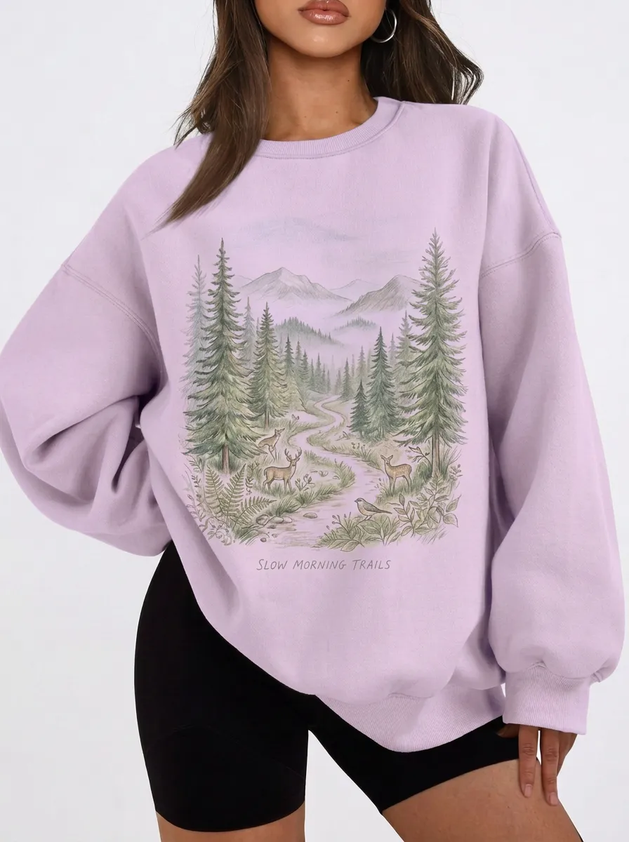 Women's Nature Forest Deer Landscape Graphic Sweatshirt