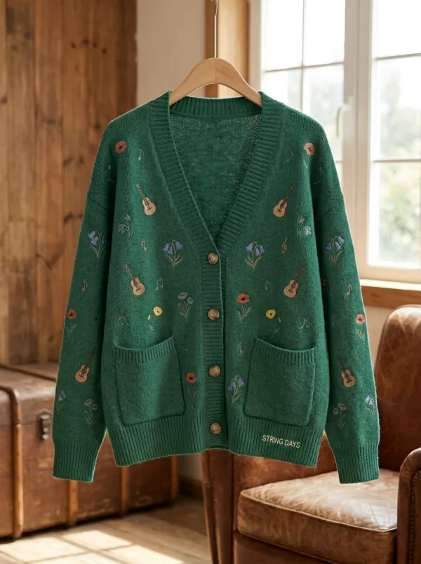 Western-Inspired Guitar Women's Country Music Knit Cardigan