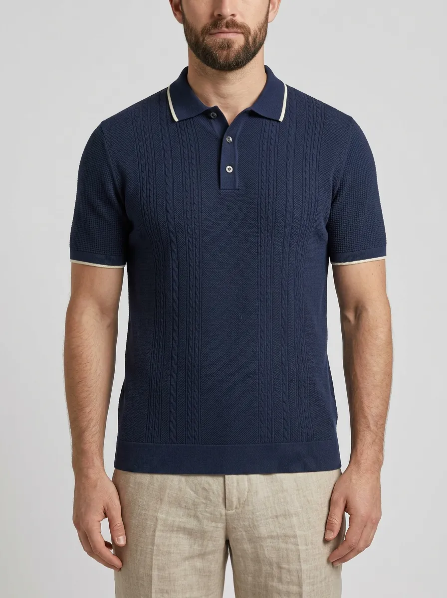 Men's Casual Navy Blue Cable Knit Textured Polo Shirt