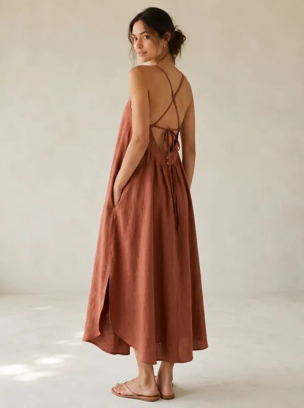 Women's Casual Linen Backless Dress