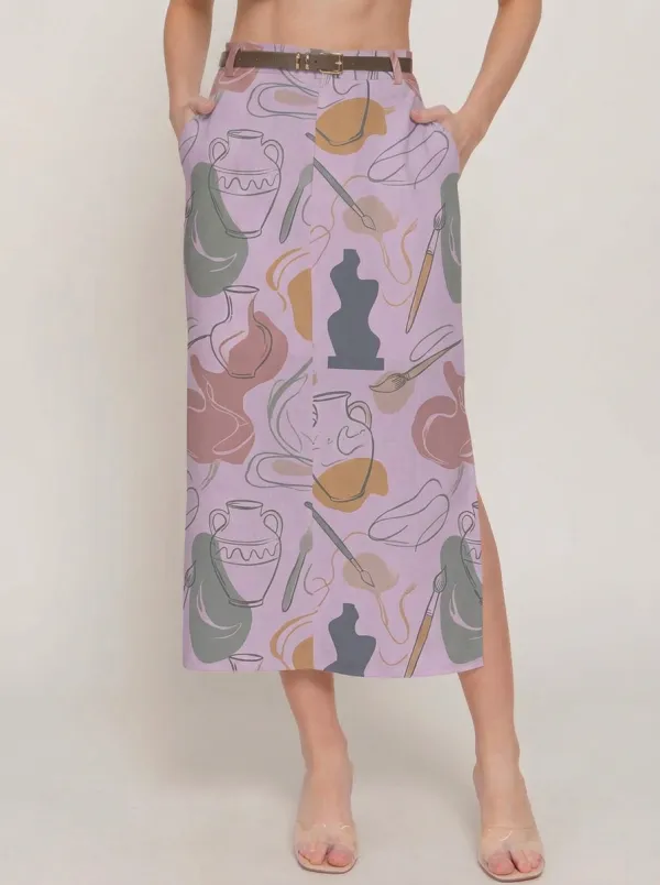 Women's Art-Inspired Pottery Brush Printed Midi Skirt